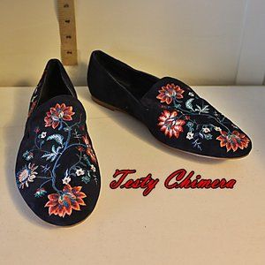 Chico's Hannah 570334802 Navy Embroidered Suede Womens Flats Size 8 1/2 M